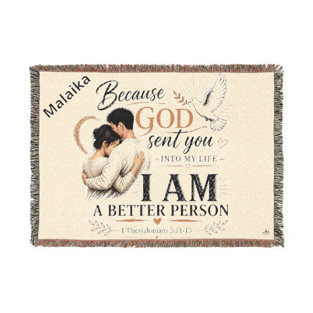 Personalizable Woven Blanket — "Because God Sent You" Inspirational Throw - Asian Couple