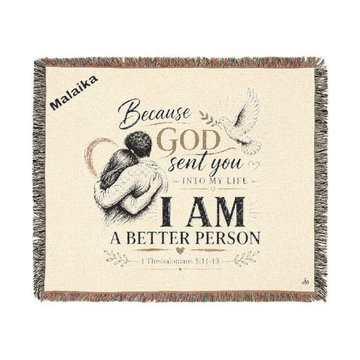 Personalizable Woven Blanket — "Because God Sent You" Inspirational Throw Caucasian Couple