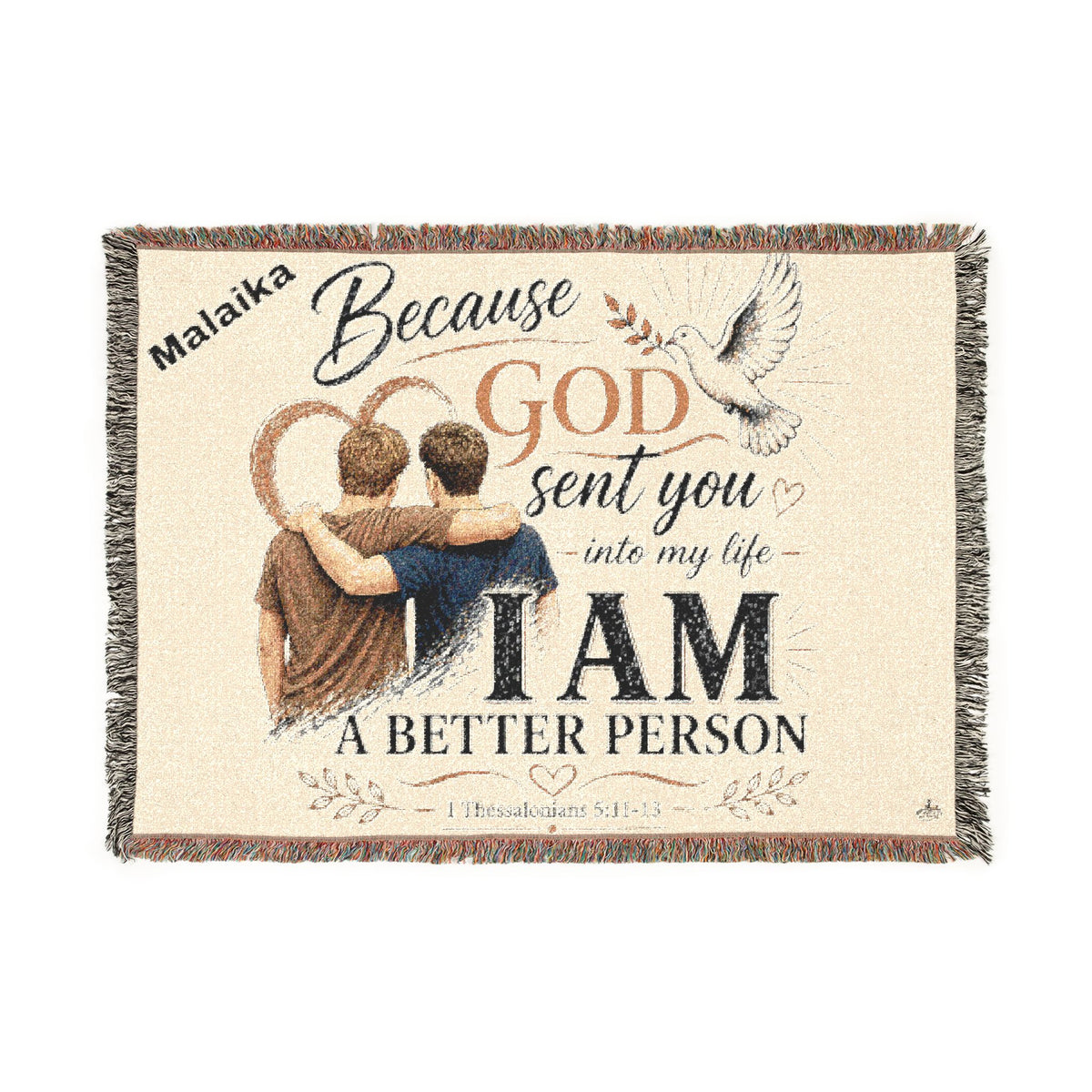 Personalizable Woven Blanket — "Because God Sent You" Inspirational Throw Caucasian Male Friends