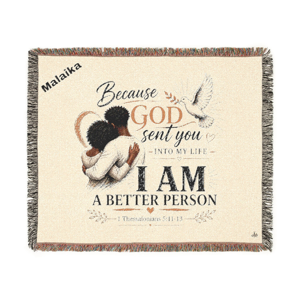 Personalizable Woven Blanket — "Because God Sent You" Inspirational Throw - African American Couple