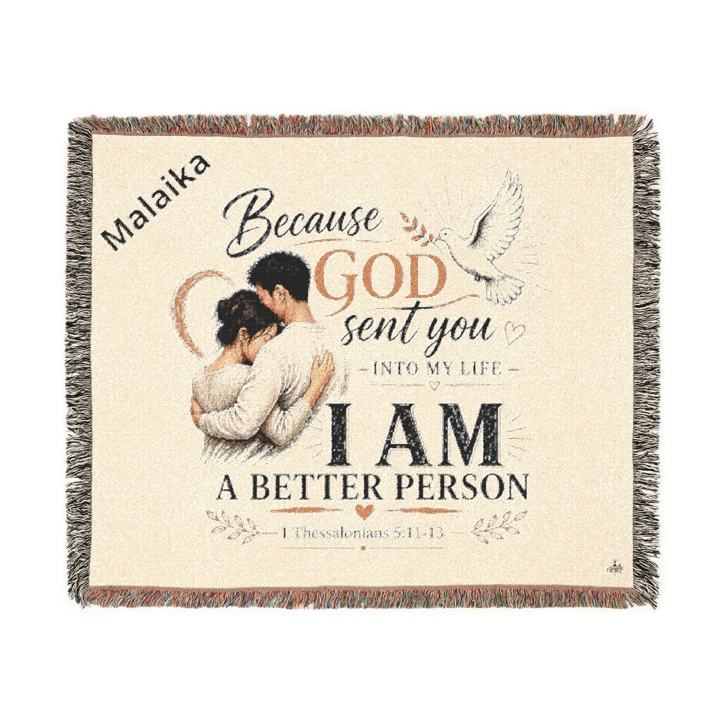 Personalizable Woven Blanket — "Because God Sent You" Inspirational Throw - Asian Couple