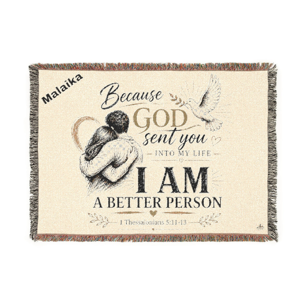 Personalizable Woven Blanket — "Because God Sent You" Inspirational Throw Caucasian Couple