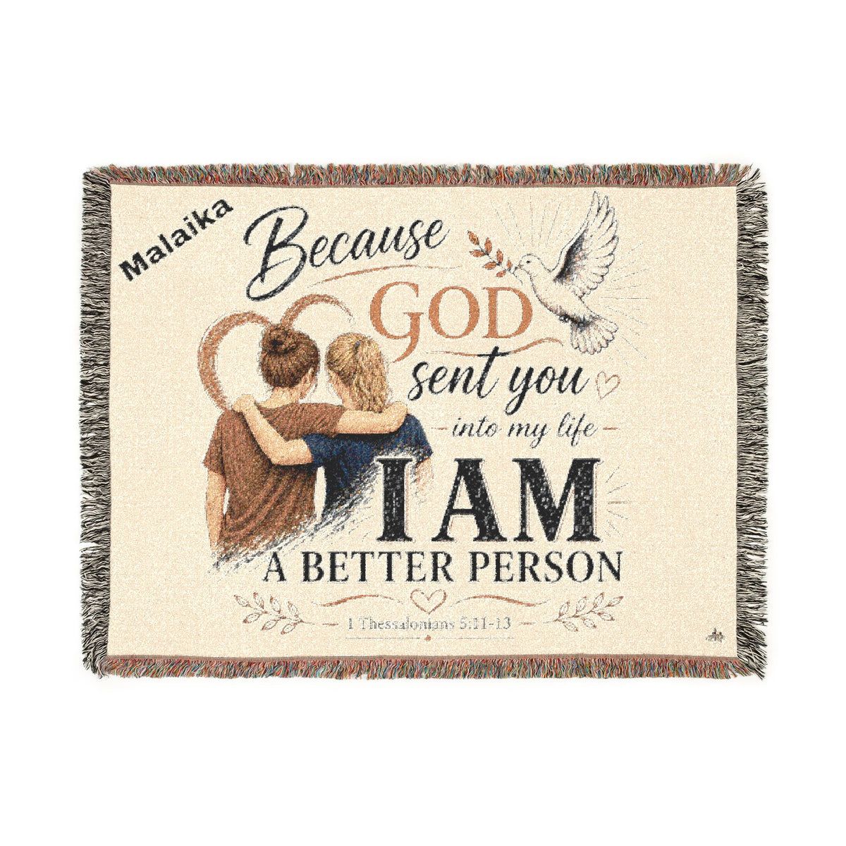 Personalizable Woven Blanket — "Because God Sent You" Inspirational Throw Caucasian Female Friends