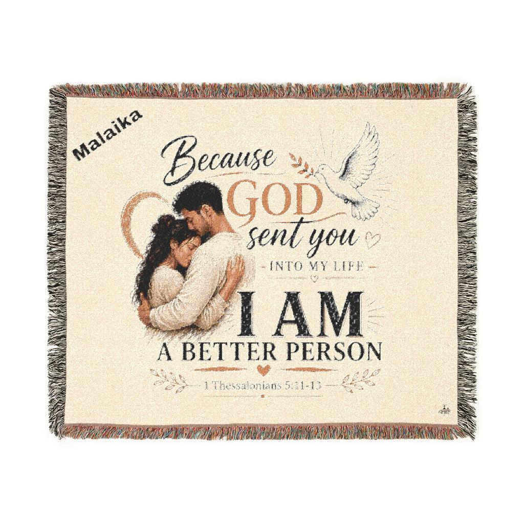 Personalizable Woven Blanket — "Because God Sent You" Inspirational Throw - Latino Couple