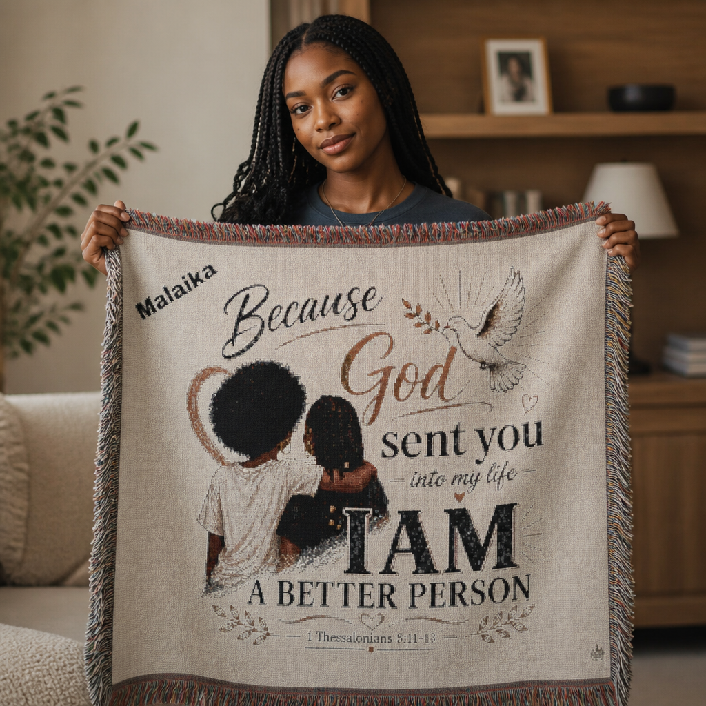 Personalizable Woven Blanket — "Because God Sent You" Inspirational Throw African American Women