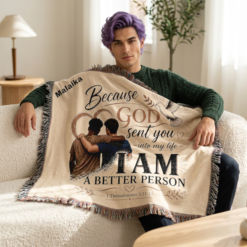 Personalizable Woven Blanket — "Because God Sent You" Inspirational Throw - Male Friends