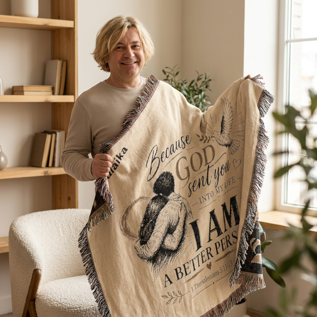 Personalizable Woven Blanket — "Because God Sent You" Inspirational Throw Caucasian Couple