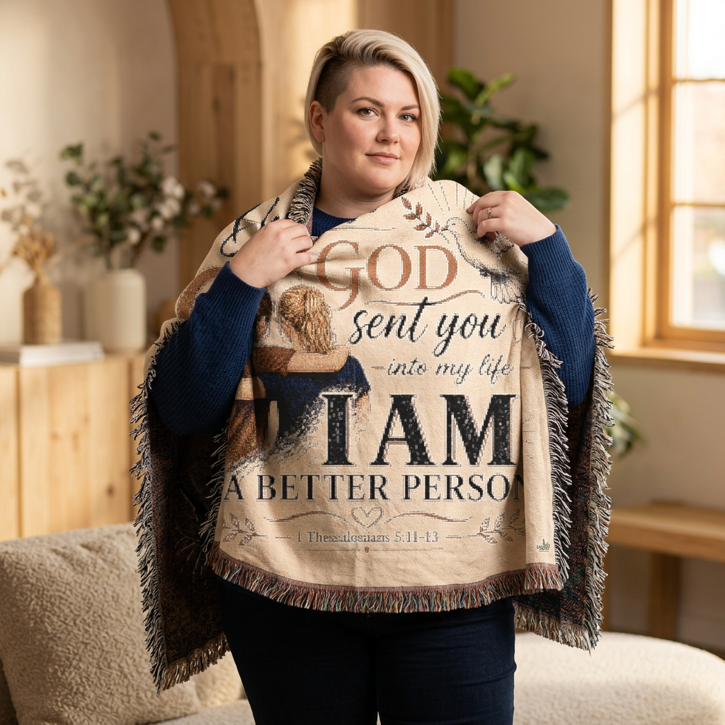 Personalizable Woven Blanket — "Because God Sent You" Inspirational Throw Caucasian Female Friends