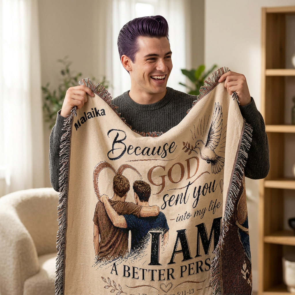 Personalizable Woven Blanket — "Because God Sent You" Inspirational Throw Caucasian Male Friends