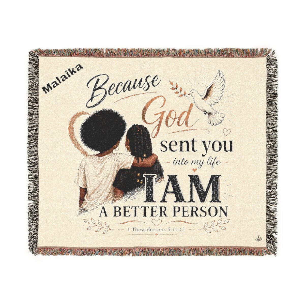 Personalizable Woven Blanket — "Because God Sent You" Inspirational Throw African American Women
