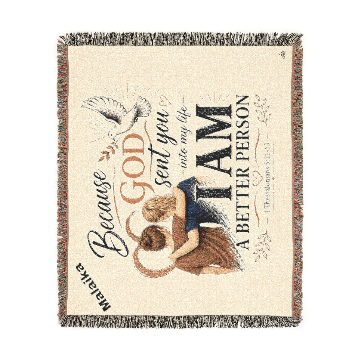 Personalizable Woven Blanket — "Because God Sent You" Inspirational Throw Caucasian Female Friends