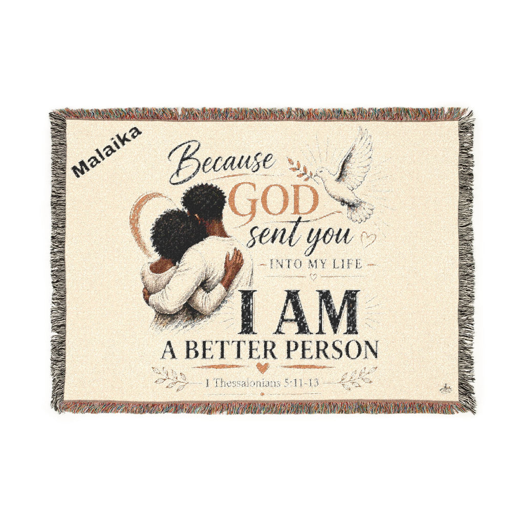 Personalizable Woven Blanket — "Because God Sent You" Inspirational Throw - African American Couple