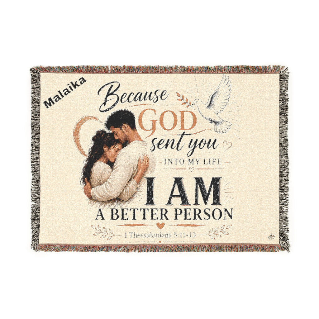 Personalizable Woven Blanket — "Because God Sent You" Inspirational Throw - Latino Couple
