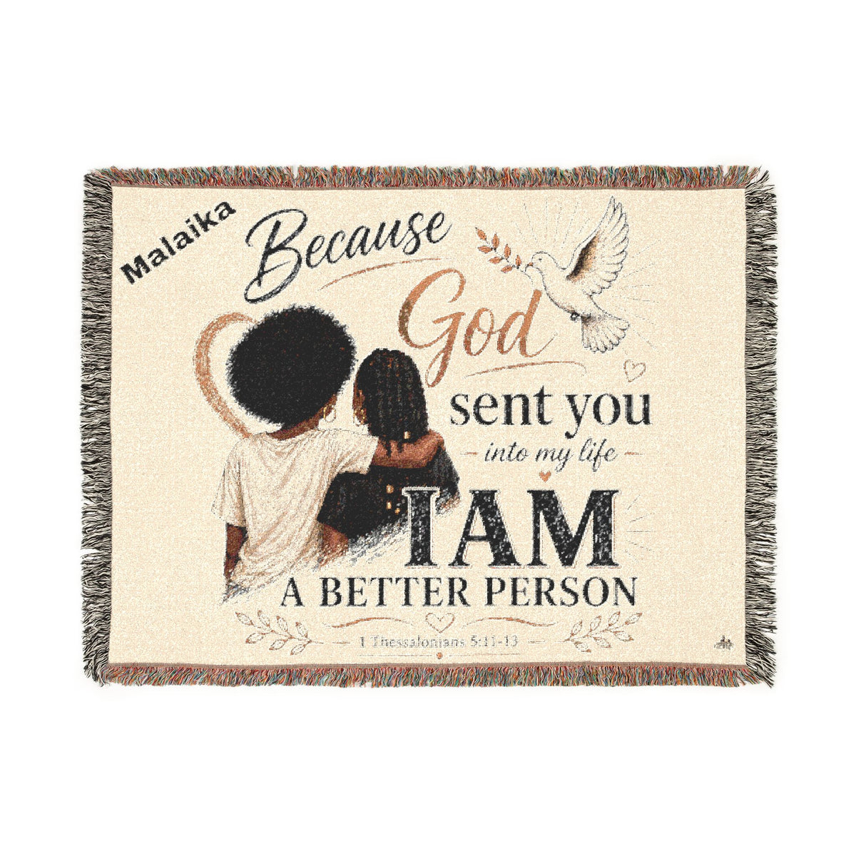 Personalizable Woven Blanket — "Because God Sent You" Inspirational Throw African American Women